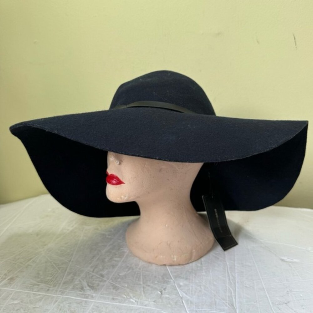 BCBGMAXAZRIA New Wool Boho Wide Rimmed Navy 100% Hat Leather Belt Floppy Tags OS